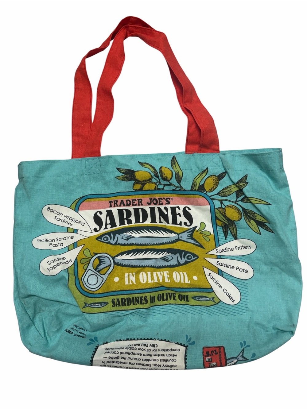 Trader JoeS Sardine Toast Tote Bag in Aqua with Red Handles - Picture 2 of 5